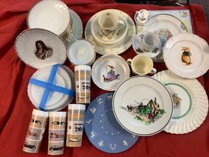 lot 123 image: Childrens Theme Dinnerware plus Astrological Wedgwood Plate, Old Model Car Tumblers, and sets of Milk glass plates. (I2)