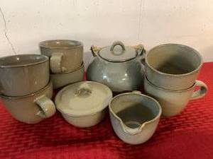 lot 28A image: Crate & Barrel Sage Tea Set and Shimmery Gold Plates (C2)