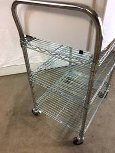 lot 5 image: Stainless Steel Mobile 3 Tier Wire Shelf Rack Storage Transport Cart - Like New Condition (Contents Not Included)