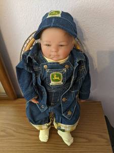 Porcelain baby in denim John Deere ...