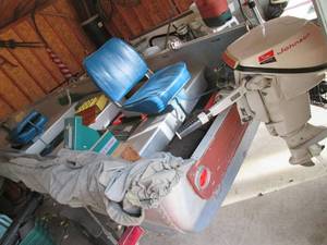 All ready to take out and fish  1962 Alumacraft 14 foot 0 inch boat on a sturdy trailer.  Boat includes Johnson 9 12 sea horse model MO-IOR motor, Minn Kota 55E trolling motor, gas tank, battery,