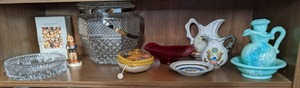 Crystal ice bucket, mini milk glass...
