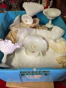 Large Tote of Vintage Milk Glass De...