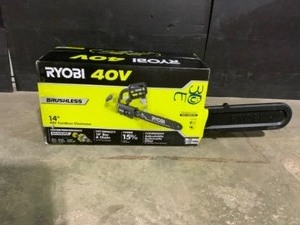 lot 1 image: RYOBI 40V Brushless 14 in. Cordless Battery Chainsaw with 4.0 Ah Battery and Charger. See Pictures