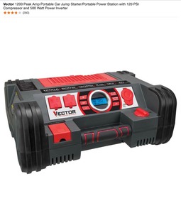 lot 10 image: Vector 1200 Peak Amp Portable Car Jump StarterPortable Power Station with 120 PSI Compressor and 500 Watt Power Inverter. See Pictures