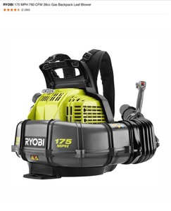 lot 15 image: RYOBI 175 MPH 760 CFM 38cc Gas Backpack Leaf Blower. See Pictures