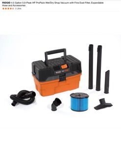 lot 19 image: RIDGID 4.5 Gallon 5.0-Peak HP ProPack WetDry Shop Vacuum with Fine Dust Filter and Accessories. See Pictures