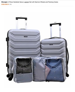 lot 21 image: Wrangler 4-Piece Hardside Value Luggage Set with Spinner Wheels and Packing Cubes. See Pictures