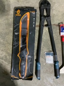 lot 29 image: Gerber Machete, Husky 20oz Steel Hatcher, Anvil Bolt Cutter & Bosch Scaling Chisel. Various Conditions. See Pictures