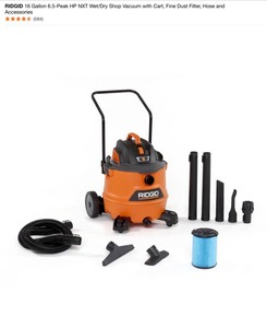 lot 33 image: RIDGID 16 Gallon 6.5-Peak HP NXT WetDry Shop Vacuum with Cart, Fine Dust Filter, Hose and Accessories. See Pictures