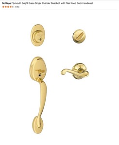lot 39 image: Schlage Plymouth Bright Brass Single Cylinder Deadbolt with Flair Knob Door Handleset, Security Set & BedBath Door Knob and Lever. See Pictures