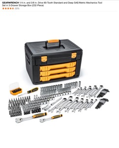 lot 49 image: GEARWRENCH 14 in. and 38 in. Drive 90-Tooth Standard and Deep SAEMetric Mechanics Tool Set in 3-Drawer Storage Box (232-Piece). See Pictures