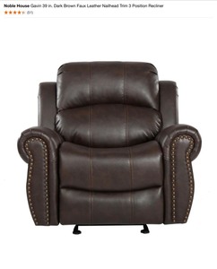 lot 51 image: Noble House Gavin 39 in. Dark Brown Faux Leather Nailhead Trim 3 Position Recliner. See Pictures