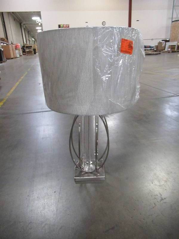 lot 204 image: Stylecraft 34 in. Brushed Steel Table Lamp with Taupe Hardback Fabric Shade Model L311893DS (Shade Damaged Easy Repair)