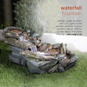 lot 125 image: Alpine Corporation Outdoor 3-Tier Rainforest Rock Water Fountain with LED Lights, WIN558 - One of the Stone Structures is Broken.