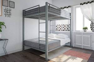 lot 134 image: DHP Full over Full Bunk Bed for Kids, Metal Frame with Ladder (Silver), 5530196 - Unclaimed Freight. Open Box.