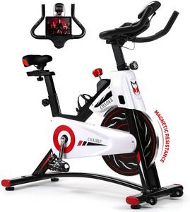 lot 217 image: CHAOKE Indoor Cycling Bike, Stationary Bike Magnetic Resistance Whisper Quiet for Home Cardio Workout Heavy Flywheel & Comfortable Seat Cushion with Digital Monitor (cable to bike cut) - Seat missing attachment bolt and seat is slightly bent.