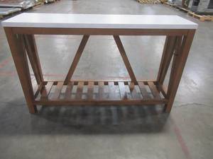 lot 136 image: Walker Edison 52 in. Walnut Standard Rectangle Faux Marble Console Table with Storage, HDF52AFTMNW - Small Ding on Back Center Top.