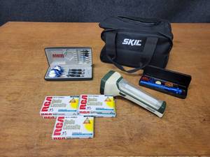 Bobcat Dart Kit, Mag Flashlight, Coleman Flashlight, Skil Tool Bag and NOS RCA Cassette tapes