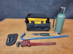 Tool Lot 18 Pipe Wrench, Linemans Plier, Crowbar, Thermos and DeWalt Tool Bag