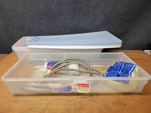 Lot of (4) Under Bed Plastic Totes w Covers - 32 x 16 x 6  Plumbing Supplies - NO SHIPPING