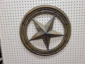 Stamped Metal Art Star w Barbed Wire Around - About 20 Diameter