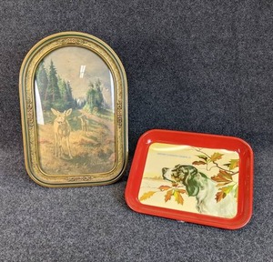 Antique W.A. Carson Framed Deer Lithograph with Convex Glass - Chicago Portrait Frame, Northrop Co-Op Creamery Serving Tray
