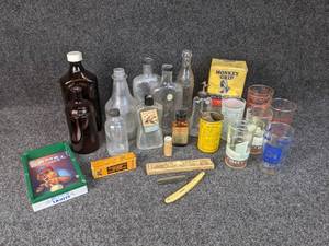 Lot of Vintage Bottles including Windex, Listerine, and Lysol, Promotional Glassware, and More