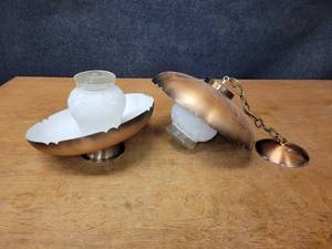 lot 17 image: Pair of Vintage Copper Color Lights w Globes - One is hanging and the other is Ceiling Mounted - About 13 Diameter
