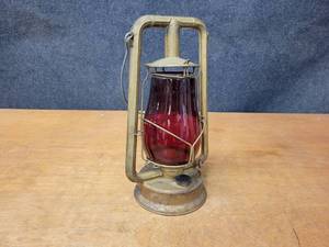 lot 27 image: Antique Dietz Lantern w Red Glass Globe - About 14 Tall