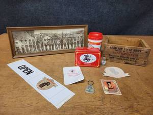 lot 45 image: Lot of Winchester Advertising Items and Old Photograph of Old West Sheriffs and Deputies - Frame is about 18 x 7