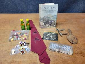 lot 82 image: Vintage Embroidered Horse Tie, Bowtie, Vintage Dice, Pins, Razors and More