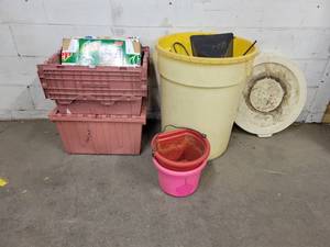 lot 158 image: Plastic Trash Can w Lid - (2) Totes with Folding Lids, Lots of Star Wars Pepsi and Mountain Dew Case Cardboard and More - NO SHIPPING