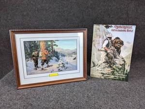 lot 50 image: A Shot in the Open Print with Embossed Remington Tin Sign