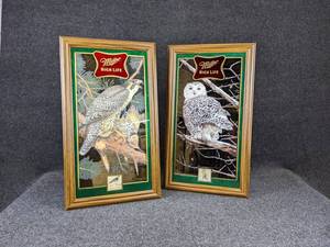 lot 52 image: Lot of 2 Miller High Life Mirror - Robert Evans Peregrine Falcon and Snowy Owl