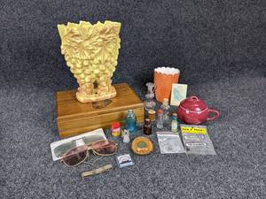 lot 64 image: Vintage McCoy Pottery Twin Grape Vase with Trinkets & Treasures - NO SHIPPING