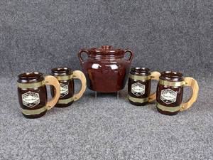 lot 75 image: Lot of 4 Grain Belt Mugs and Bean Pot with Lid