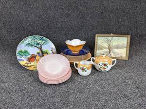 lot 77 image: Noritake Cream & Sugar Bowl, Fire King Pink Swirl Saucers, Carnival Glass, and More - NO SHIPPING