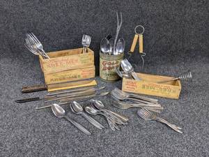 lot 131 image: Lot of Flatware, Cheese Boxes, and More