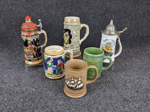 lot 168 image: Lot of 6 Beer Steins & Mugs - Including a Lidded McCoy Stein