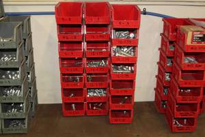 lot 206 image: Lot of (21) Plastic Stackable Parts Organizer Bins  - Hardware
