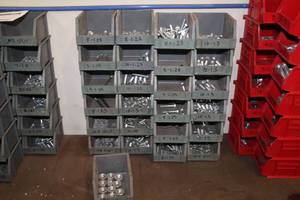 lot 205 image: Lot of (24) Plastic Stackable Parts Organizer Bins  - Hardware