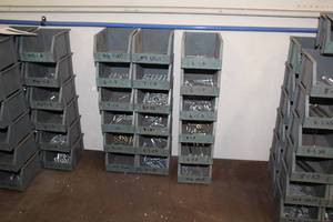 lot 210 image: Lot of (18) Plastic Stackable Parts Organizer Bins  - Hardware