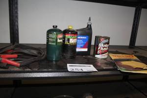 lot 254 image: Lot of Misc. Automotive Supplies  - Chamois, Jumper Cables, Propane Bottles, Motor Flush, Transfer Case Fluid