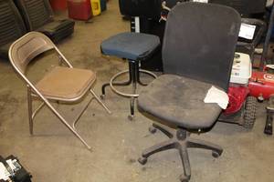 lot 148 image: Lot of (3) Shop Chairs  - Rolling (x2), Metal Folding (x1)