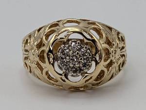 Handsome Mens Edwardian Diamond Cluster Ring in 10k Yellow Gold