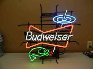 lot 24 image: VINTAGE BUDWEISER BEER FISHING NEON LIGHT - FANTASTIC PIECE - WORKS - APPROX 23 By 23 - SEE PICTURES