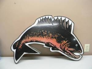 lot 38 image: VINTAGE MORLEYS LARGE FISH ADVERTISING SIGN, BRAINERD MN - RARE - FANTASTIC PIECE - APPROX 34 By 30 - SEE PICTURES