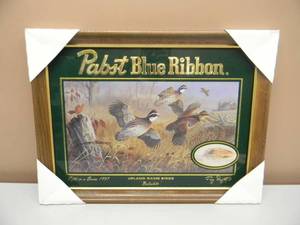 lot 40 image: VINTAGE PABST BLUE RIBBON UPLAND GAME BIRDS BOBWHITE BAR SIGN MIRROR - AWESOME PIECE - APPROX 21 By 16 - SEE PICTURES