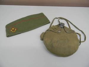 lot 47 image: VINTAGE BOY SCOUTS OF AMERICA GARRISON CAP RED STRIPE & BOY SCOUTS OF AMERICA CANTEEN WITH COVER AND STRAPS - NICE SET - SEE PICTURES